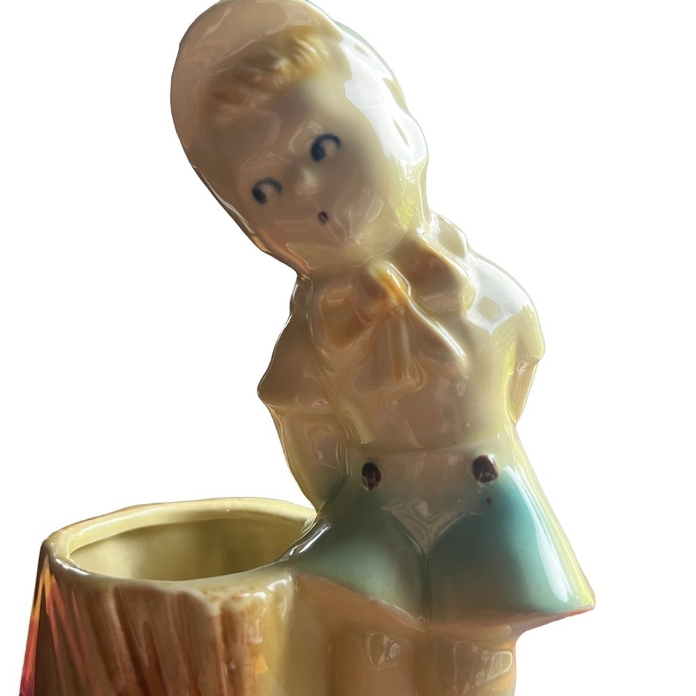 Vintage Whistling Mischievous Boy Tree Stump USA Ceramic Planter Pot Whimsical - Picture 5 of 8